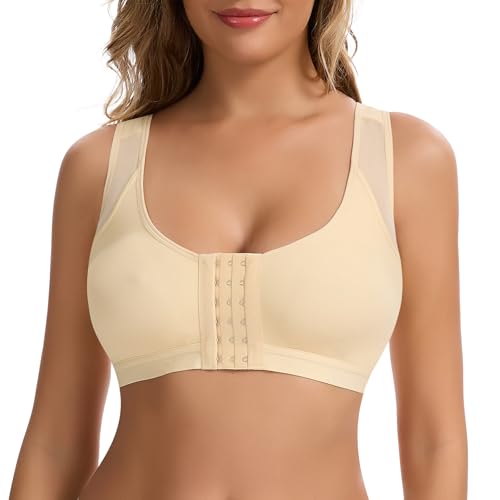Joyshaper Femme Soutien Gorge sans Armature Post Opératoire Brassière Fermeture Devant Brassiere Sport Yoga Bra à Bretelles Larges, Beige, M