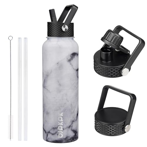 Image of BJPKPK Insulated Water Bottles with Straw Lid, 40oz Stainless Steel Water Bottles with 3 Lids, BPA Free Leakproof Thermo, Tumblers, Cups for Sports, Gym- Marble Frozen