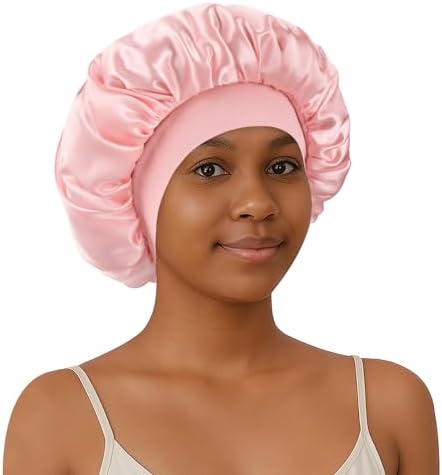 Silk Satin Bonnet for Sleeping Women,Double Layer Silk Satin Sleep Cap with Elastic Band for Natural Curly Hair(1PCS,Pink)