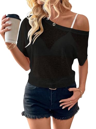 Off The Shoulder Tops for Women Sexy Mesh See Through Short Sleeve Summer Shirt4