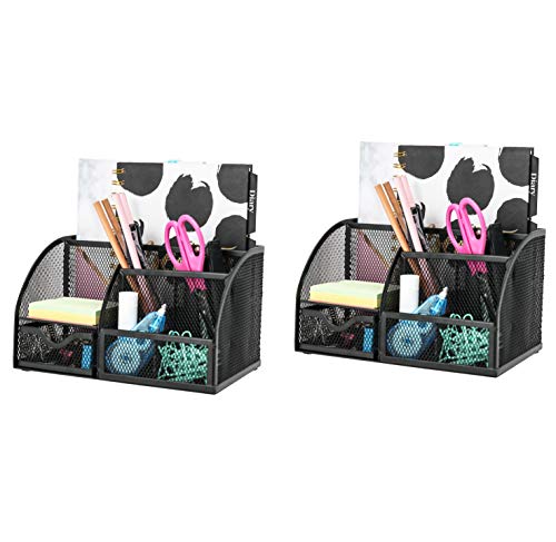 Exerz 2 Pieces Mesh Desk Organizer Office with 7 Compartments + Drawer/Desk Tidy Candy/Pen Holder/Multifunctional Organizer 2-Pack (Black)