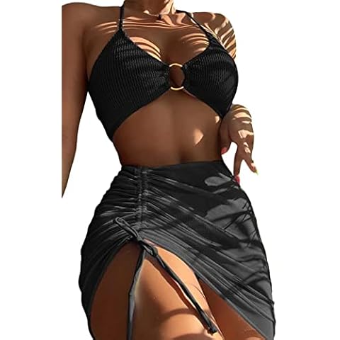Women's 3 Piece Swimsuit Halter Top Ring Bikini Sets with Drawstring Beach Cover Up Skirt Bathing Suits, Black, Small Cover
