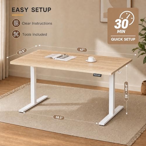 Image of Grandder 47x32 Large Electric Standing Desk, Height Adjustable Computer Desk with 2 Memory Presets, 31.5 inch Deep Desktop Sit Stand Desk Home Office Desk Workstation Table with Hooks, Light Walnut