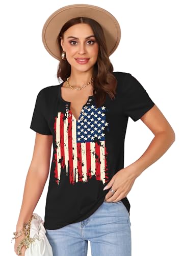 American Flag Shirt Tops Womens 4th of July T-Shirts Ring Hole Short Sleeve Sexy V-Neck Patriotic Tees4