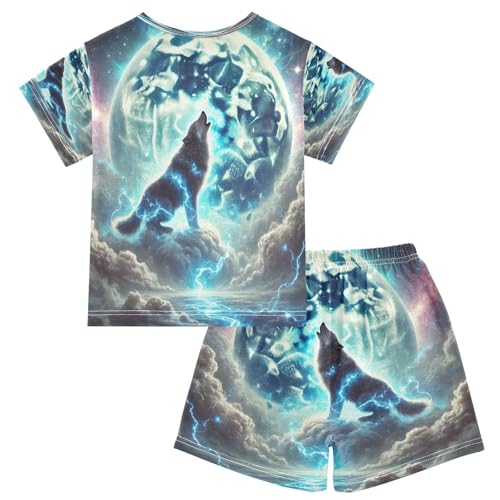 Wolf Moon Blue Pajama Set Short Sleeve Pajamas Shorts Sets Cotton PJS 2 Piece Clothes Set 5Y2