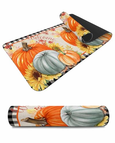 Debedcor Heat Proof Table Pads Waterproof Decorative, Hello Fall Non-Slip Table Countertop Protector, Autumn Pumpkin Sunflower Black Plaid Insulation Mat for Dining Room, 48 x 12 Inches