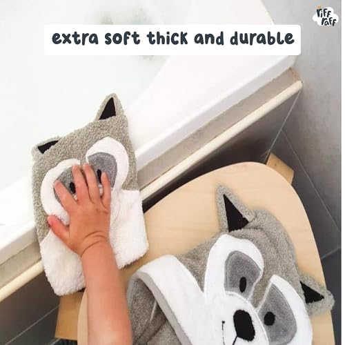 Image of Riff Raff Smart Racoon Hooded Towel - Premium Cotton Baby Towel with Mitt Set - Ultra Soft Machine Washable Cartoon Hooded Baby Towels - Baby Towels with Hood for Newborn Baby, Infants, Toddlers