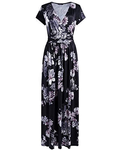 OUGES Women's V-Neck Pattern Pocket Maxi Long Dress(Floral-02,L)