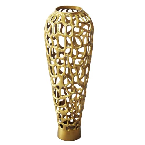 FineBuy Jarrón de suelo de aluminio de 85 cm, dorado, diseño grande, jarrón de metal moderno, jarrón decorativo redondo para flores secas, jarrón XXL alto, decoración para el salón, decoración del