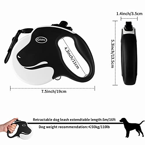 QiMH Upgraded Retractable Dog Leash, 360° Tangle-Free Heavy Duty 16ft Reflective Walking Dog Leash Ribbon with Anti-Slip Handle for Medium and Large Dogs Up to 110lbs, One-Handed Brake, Pause and Lock