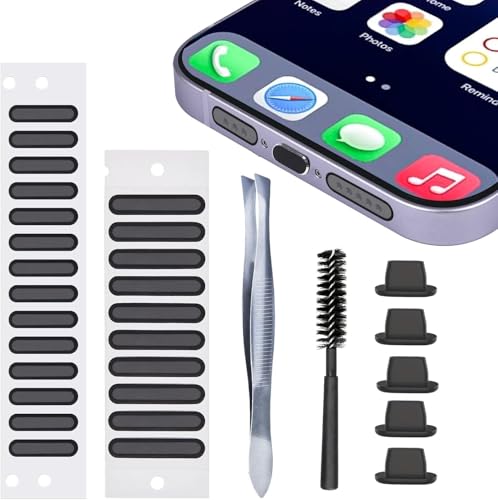 Phone Speaker Dust Protector Stickers & Cleaning Kit, Anti-Dust Mesh Covers, Plugs & Brush for iPhone 16 15 14, 13, 12, 11, X, 8, 7, Plus, Pro & Max