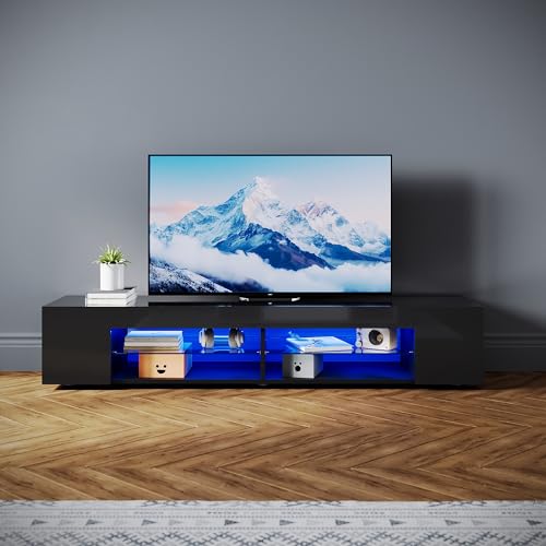 SONNI Mueble TV Negro Brillo con Luces LED 12 Colores LED,Mesa de Salón para TV Estantes de Cristal 160 cm