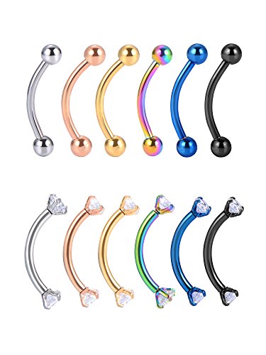 Mudder 12 Pieces 16 Gauge Stainless Steel Belly Lip Ring Eyebrow Studs Cartilage Tragus Cubic Zirconia Barbell Body Piercing thumb #6