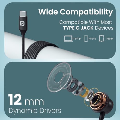 Image of Portronics Conch Z ANC Type-C Wired Earphones with Active Noise Cancellation, 12mm Dynamic Drivers, HD Inline Mic, in-Ear Earbuds, Inline Controls, USB Type-C Audio (Black)