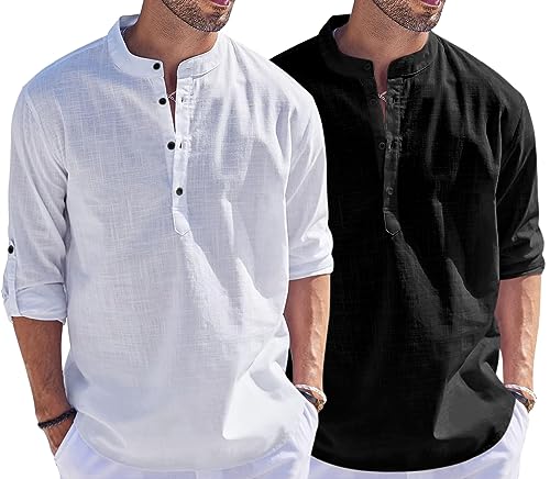 Image of Bellstone Men's Cotton Blend Straight Kurta Shirt Combo with Mandarin Collar - Slim Fit Casual Short Kurti Set Featuring Textured Slub Fabric and Roll-Up Full Sleeves