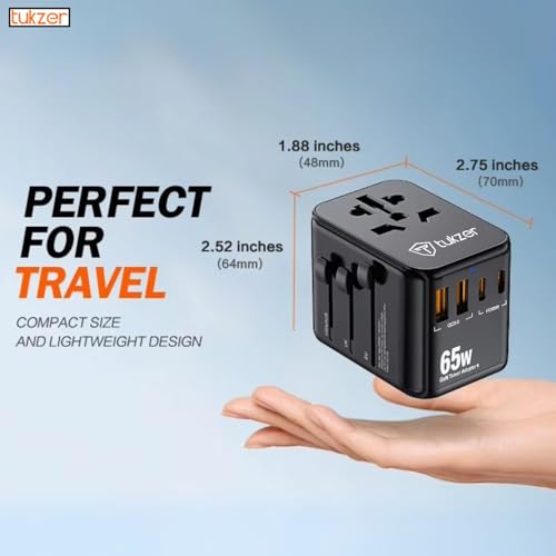 Image of Tukzer 65W Universal Travel Adapter, GaN Fast Charging Adapter with 2 Type C & 1 USB Ports, Universal Plug Socket, All in One International Travel Adapter for Laptop /MacBook & Mobile Charging- Black