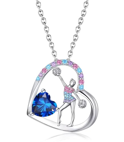 Birthstone Cheerleader Necklace Gifts for Girls Heart Rainbow Cheerleading Cheering Jewelry Pendant Sport Cheer Birthday Gifts for Kids Little Girl Daughter Granddaughter