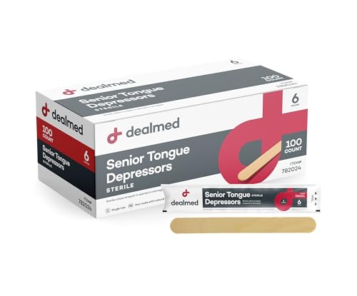Dealmed 6 Senior Tongue Depressors 100 Sterile Wood Tongue Depressor Sticks Individually Wrapped for Medical Practice Emergency First Aid Kits Crafts 100/Box (Pack of 1)