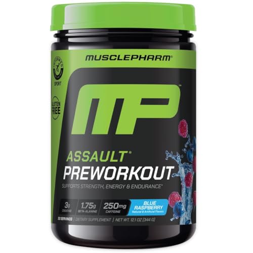 Image of Muscle Pharm Assault Pre Workout Powder for Men & Women - Packed with Beta Alanine, Caffeine, Creatine & Betaine Anhydrous - Endurance & Strength Booster- 30 Servings, Blue Raspberry Flavor