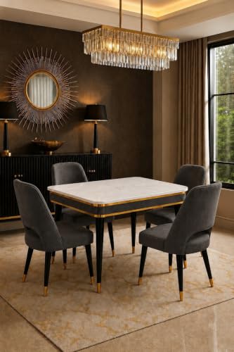 Image of WOODEN SPACE 4 Seater Wooden Dining Table Set | Urban Marble Top Dining Table with Chairs for Dining Room & Kitchen (Modern Vintage Dark Grey) (54 x 36 x 30 inch)