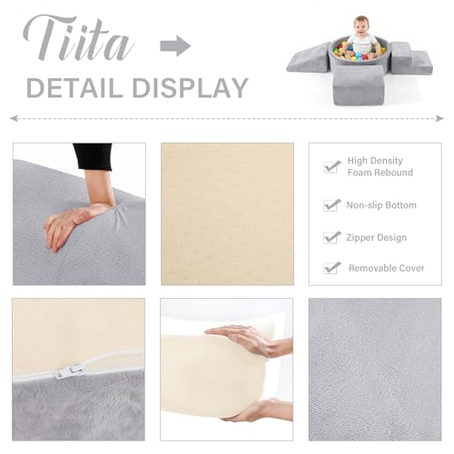 Image of Tiita Climbing Toys for Toddlers 1-3 Indoor with Ball Pit, 4-Piece Kids Foam Climbing Blocks, Activity Soft Play Climbing for Baby, Grey, Balls not Included