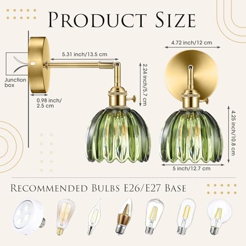 Image of Rossesay 2 Pcs Vintage Wall Sconce with Tulip Glass Shade 180 Degree Adjustable Hanging Brass Sconces Hardwired Modern Lamp Fixtures Decor for Bedside Indoor Doorway Including Light Bulb (Green)