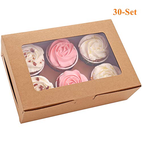 30-Set Cupcake Boxes with Inserts and Window Hold 6 Cupcakes, 9.4'' x 6.3'