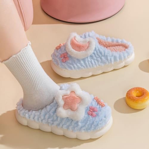 Women's Cute Star Moon Slippers with Bow Plush Cozy Warm Indoor House Shoes for Winter2