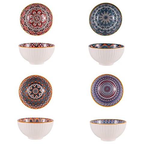 JETMANO Ceramic Cereal Bowls Set of 4, Breakfast Bowls 4.5inch, 300ml Porcelain Soup Bowls, Dishwasher Microwave Safe Bowl for Salad, Dessert, Rice, Ice Cream, Bohemia Color Cover
