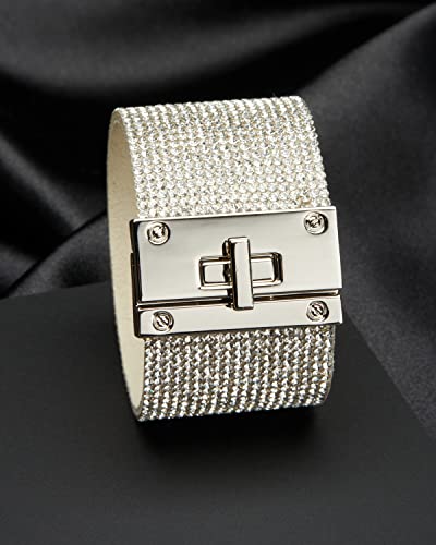Badgley Mischka Women's Bracelet - Crystal Studded Leatherette Box Clasp Bangle Cuff Wrap Wristband4