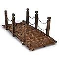 Tangkula 5 FT Wooden Garden Bridge, Arc Footbridge w/Safe Chain Railings, Outside Small Arc Pond Bridge, Decorative Fir Bridge for Landscaping Garden, Pond, Stream, Courtyard, Holds up to 400 LBS