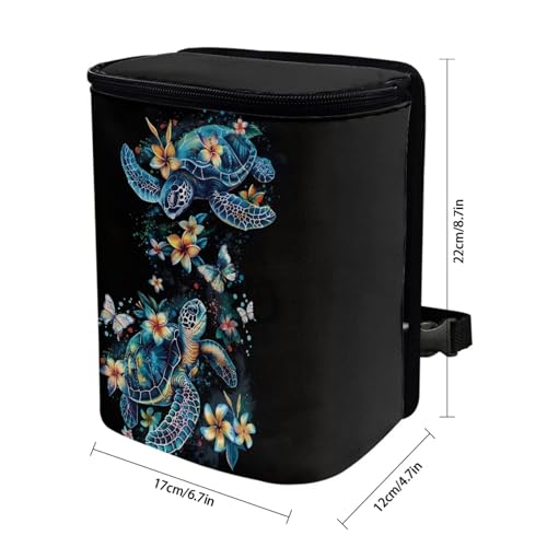 Image of Talayituse Turtle Plumeria Print Car Trash Bin, Large Size Auto Trash Can Adjustable Portable Garbage Can with Lid, Vehicle Hanging Bag for Headrest Front Back Seat