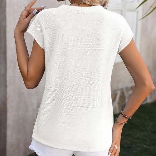 Image of Womens Lightweight Knit Top Cap Sleeve Crew Neck Shirt | Lightweight textured knit top with relaxed fit and cap sleeves, light colors may perspective