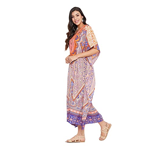 Image of Women Long Maxi Plus Size Polyester Kaftan Gown, Womens Kaftan Dresses | Lounge Resort Wear, Batwing Sleeve Side Slit, Beach Cover Up, House Dress, Lightweight V Neck Loose Fit Boho Dress