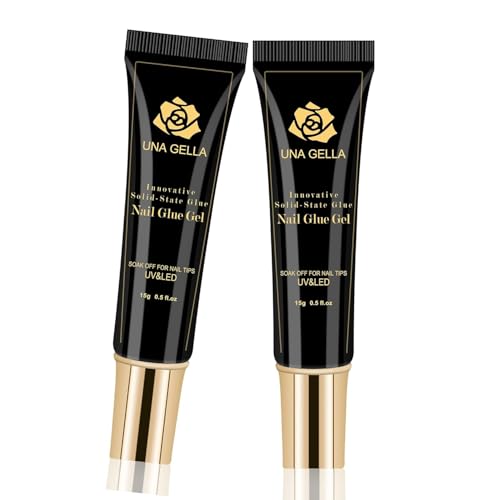 UNA GELLA Pegamento de uñas de gel suave, 15 ml x 2, pegamento sólido Soak Off superfuerte para uñas acrílicas, requiere endurecimiento para extensiones de uñas y prensas, para uñas de gel