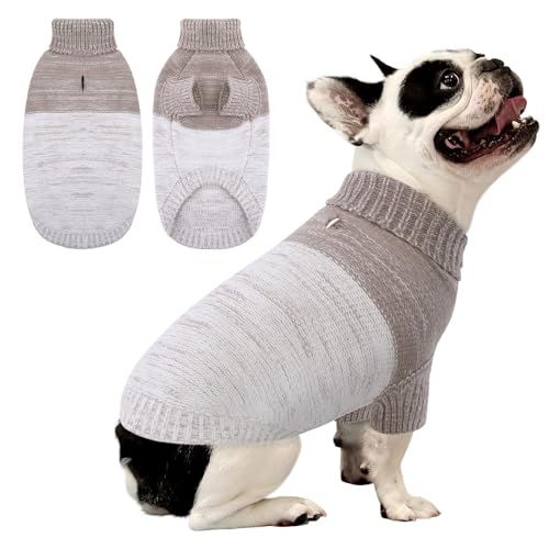 Queenmore Small Dog Sweater, Knitted Pullover Puppy Sweater,Cold Winter Pet Sweaters for Dog Girls Boys, Soft Turtleneck Knit Sweater with Leash Hole,Long Sleeves Christmas DogSweater(Khaki,S)