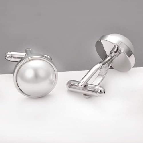 Mancuernillas de plata con perla para hombre miniatura 6