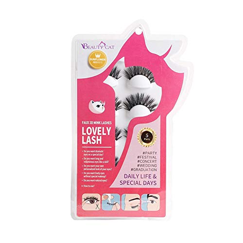 BEAUTY CAT 3D False Eyelashes Classic -Full Long Dramatic and Natural Look / Comfortable Wearing Strip Lashes by Handmade, Soft & Light Weight Fluffy Faux Eyelash(5 Pairs) No. 001-SUNFLOWER