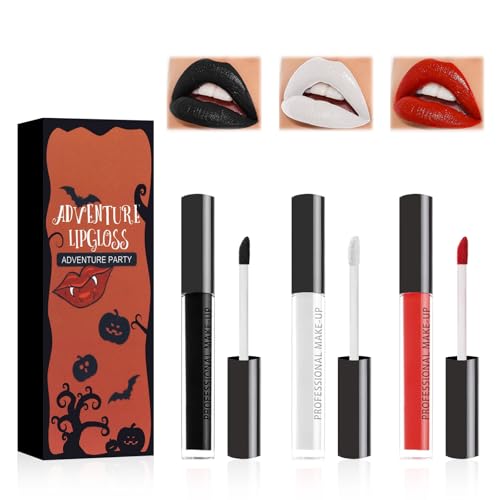 HASAIKA® Pintalabios Negro Halloween, Brillo de Labios de Larga Duración, 3 piezas Pintalabios Mate Líquido Kit para pintar la cara en Halloween