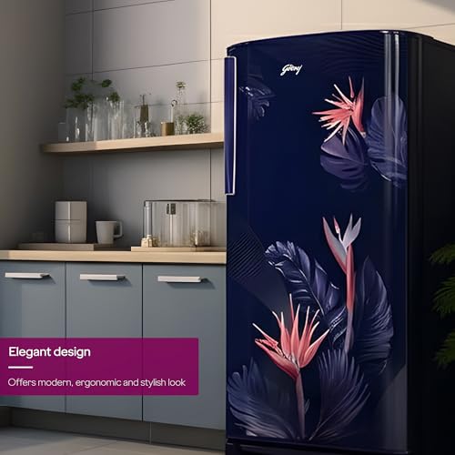 Image of Godrej 183 L 3 Star 5 Years Comprehensive | Toughened Glass Shelves | 24 Day Farm Freshness | Jumbo Vegetable Tray | Single Door Refrigerator (RD R190CN THF FR BL, Floral Blue)