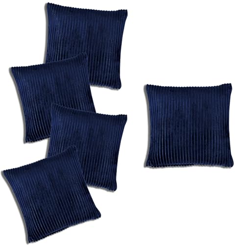 Image of RD TREND Cushion Cover Set of 5, Decorative Sofa Living Room Home Square Cushion Covers 16 Inch x 16 Inch, Aesthetic Corduroy Striped Double Sided (Navy Blue,Pack of 5)