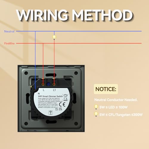 BSEED Dimmer Smart Alexa Lichtschalter 300W Touch Control WIFI Wandlichtschalter (Neutrale Leitung Erforderlich) mit Alexa/Tuya/Google Home 1 Fach 1 Weg Schwarz