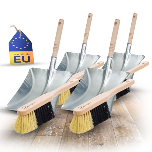 Novaliv 4X Kehrblech Set Kehrblechgarnitur Handfeger FEINE KUNSTBORSTEN und Kehrblech Metall Silber verzinkt Kehrblechbesen zum Aufkehren Handkehrset Kehrblechset Kehrschaufel Feger und Kehrblech