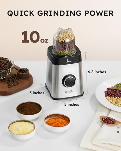 Image of Sangcon Blenders and Food Processor Combo for Kitchen, 5 in 1 Blender for Shakes and Smoothies, Meat Chopped, Grinding & more, 40 oz Jar & 17oz Cup with To-Go Lid, Stainless Steel Silver
