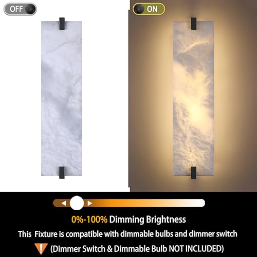 Image of 21.7 inch Natural Square Alabaster Marble Modern Concise 2 Pack 4 Light Wall Sconce Fixture,Black Finish for Bathroom Bedroom Hallway Bedside Staircase Vanity Mirror