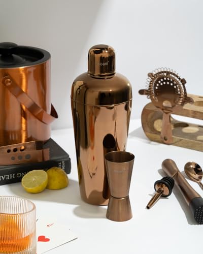 Image of Car-O-Bar Copper Gold Bar Set with Stand | 10 Piece Bartender Kit :Cocktail Shaker, Bar Spoon, Jigger, Muddler, Strainer, Wine & Beer Bottle Opener, 2 Pour Spouts, Tong, Wooden Stand