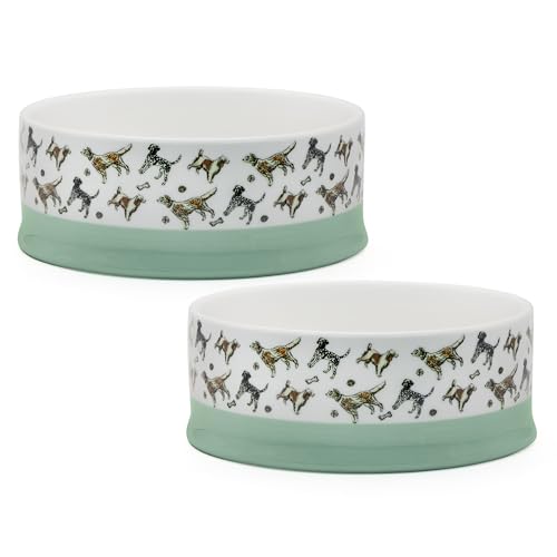 Banbury & Co Ceramic Dog Food Bowls Set of 2 400ml Durable Stoneware Dishwasher Safe Stylish Dog Print Design - 16.5cm Diameter
