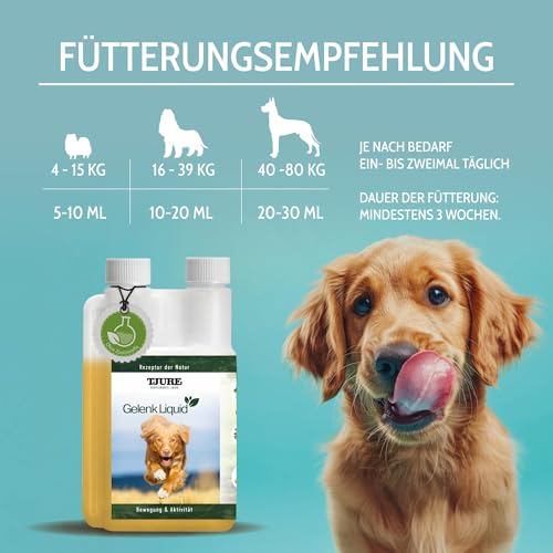 TJURE Gelenk Liquid für Hunde | 3 x 500 ml Sparset | Ergänzungsfuttermittel mit pflanzlichen Inhaltsstoffen | Zur Unterstützung der normalen Beweglichkeit | Teufelskralle & Hagebutte | Made in Germany