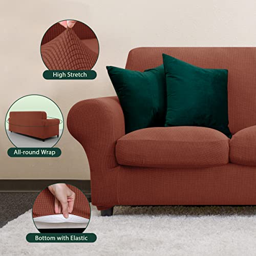 Chun Yi 4 Pieces Stretch Sofa Cover For 3 Seater Couch, Washable Soft Sofa Slipcover With 3 Separate Seat Cushion Covers For Dogs, Checks Spandex Jacquard Fabric, Large, Brick #TOP3