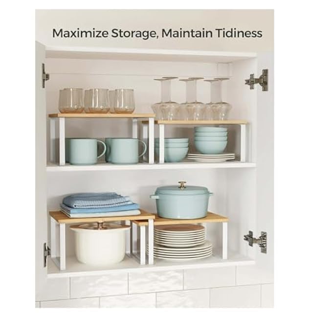 Kitchen Cabinet Organizer Shelves - Set of 4, Stackable Counter Shelves, Spice Rack, Expandable Metal & Wood Storage - Cloud White & Beige